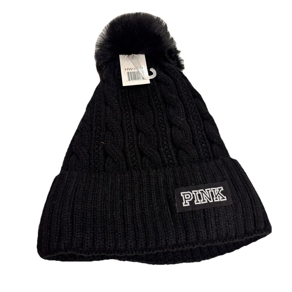 VICTORIA'S SECRET PINK LOGO BLACK SHERPA POMPON WARM BEANIE KNITTED HAT ONE SIZE